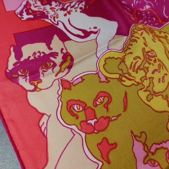 Vintage Silk Scarf Long Leopard Cat Cats Pop Art by Ron CHERESKIN 1970s Rare - Picture 7 of 12